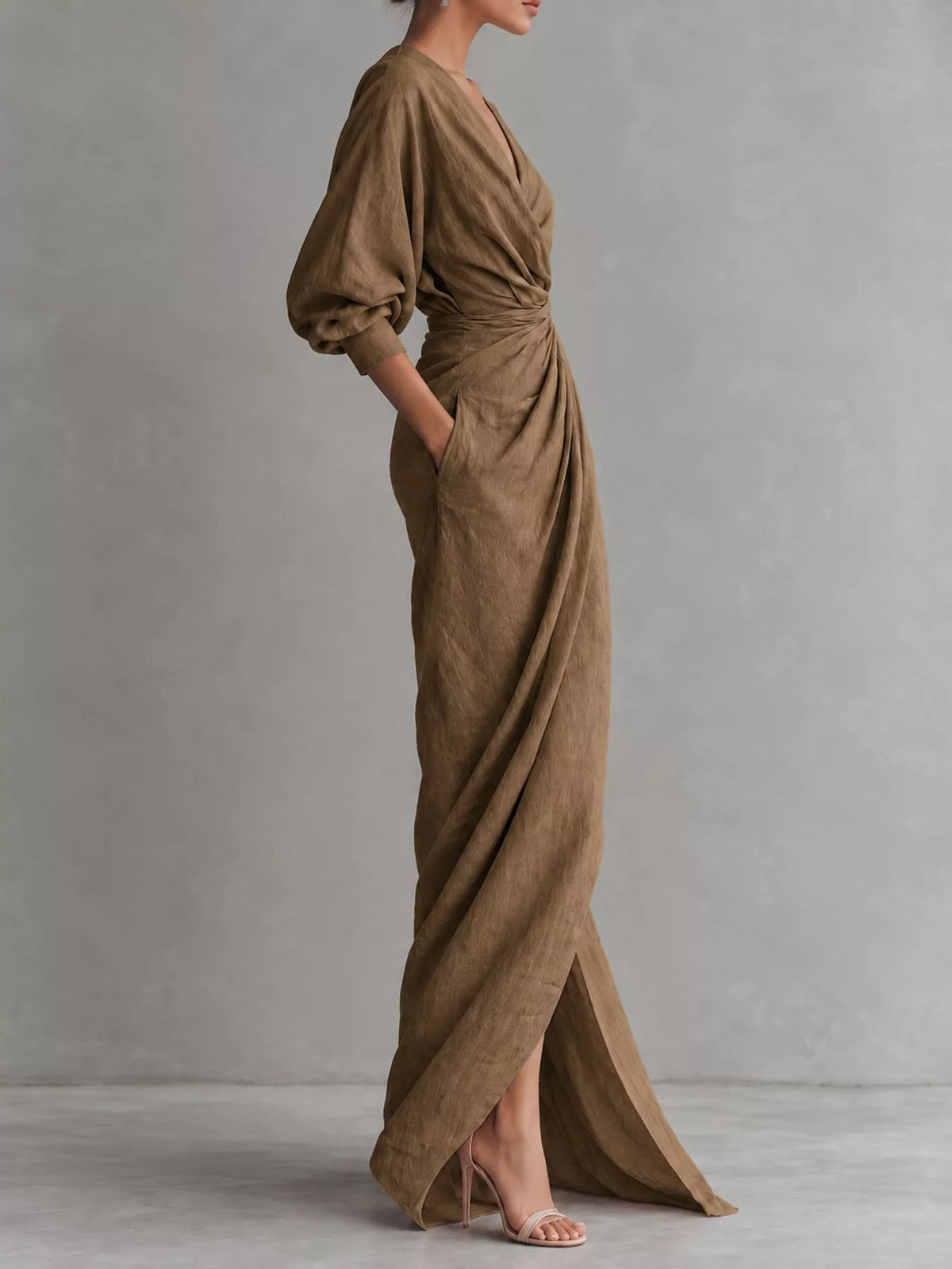 V-neck 3/4 sleeve maxi dress, side view