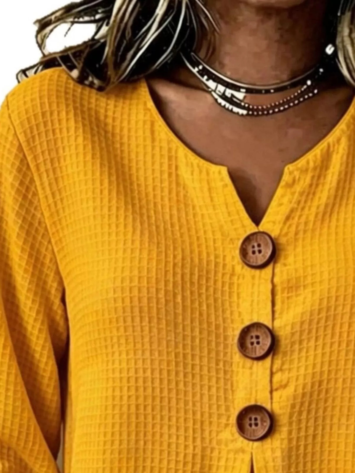 Mustard waffle knit blouse, split neckline and buttons