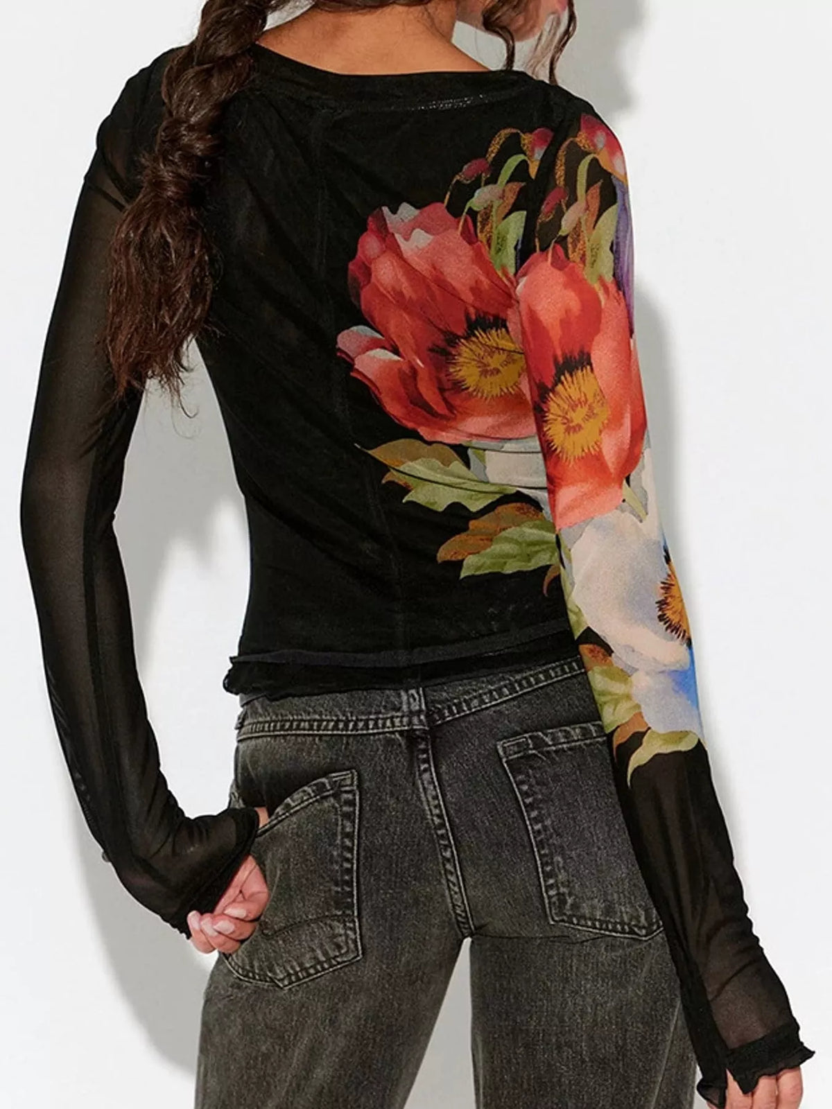 Floral Print Sheer Mesh Long Sleeve T-Shirt, back view in black