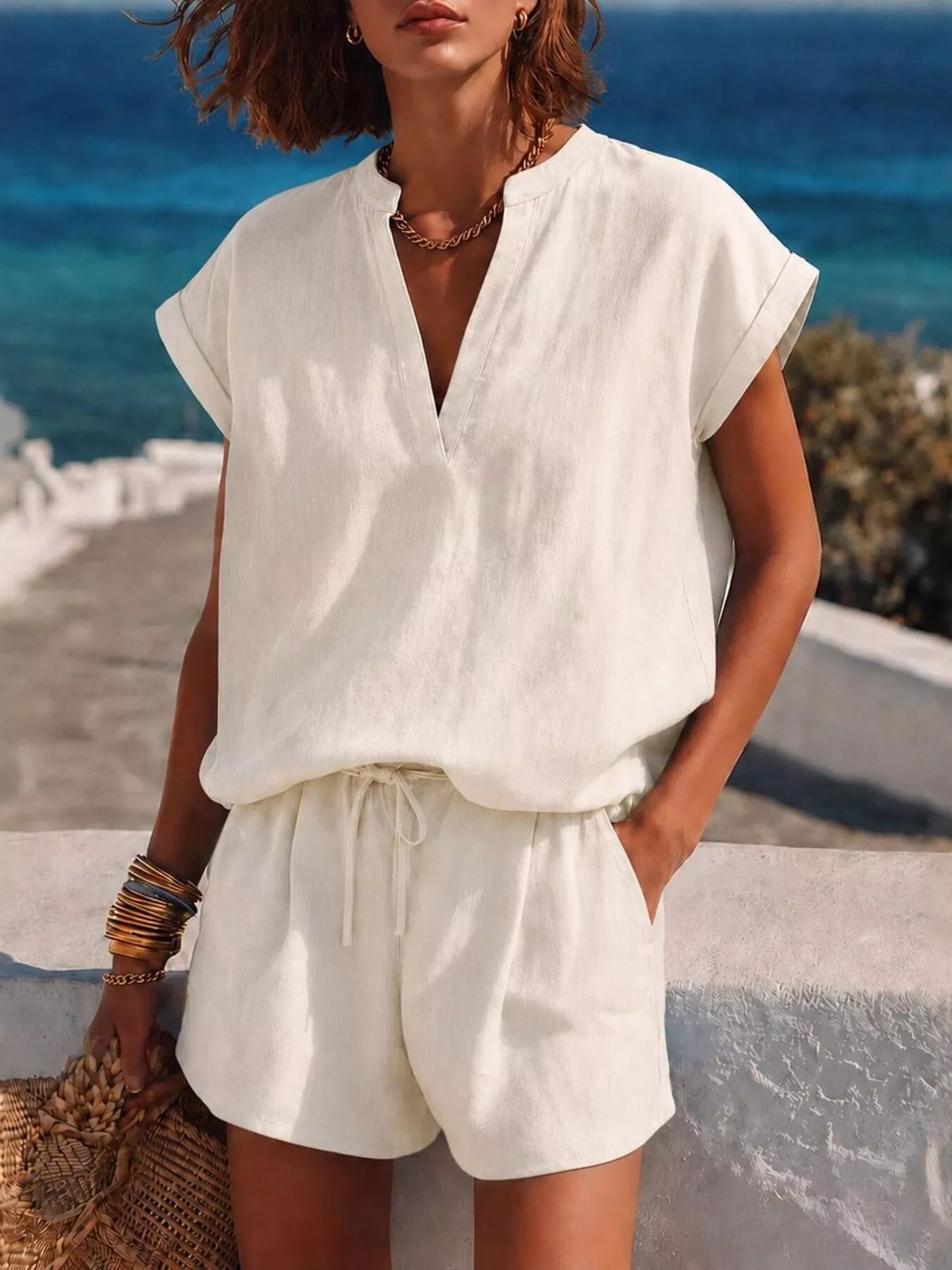 Trendsi Notched Short Sleeve Top and Shorts Set -