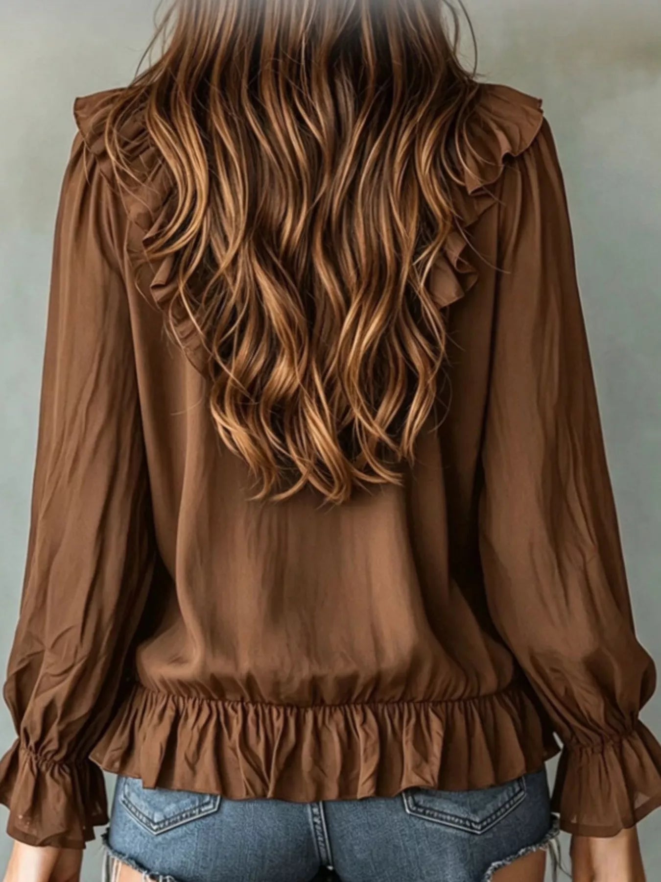 Trendsi Ruffle V-Neck Long Sleeve Blouse -