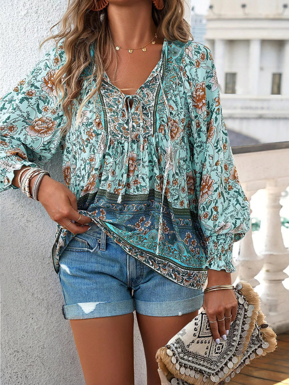 Trendsi Floral Print Tie-Neck Blouse with Smocked Cuffs -