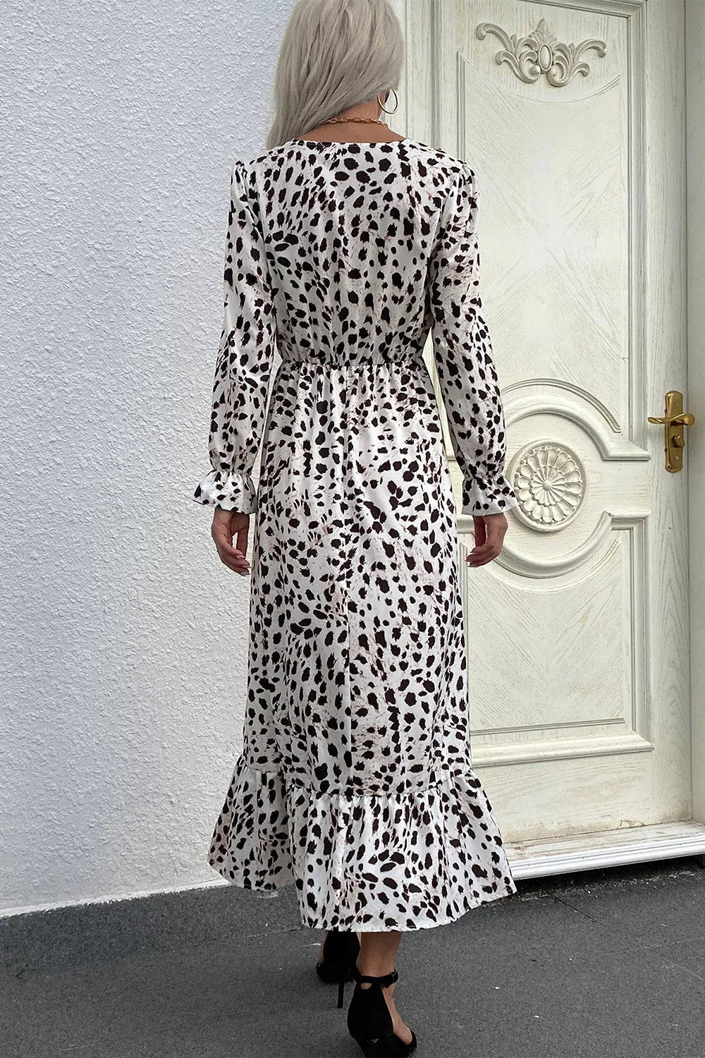 Women's Leopard Print Slit Ruffled Hem Flounce Sleeve Midi Dress in White, back view