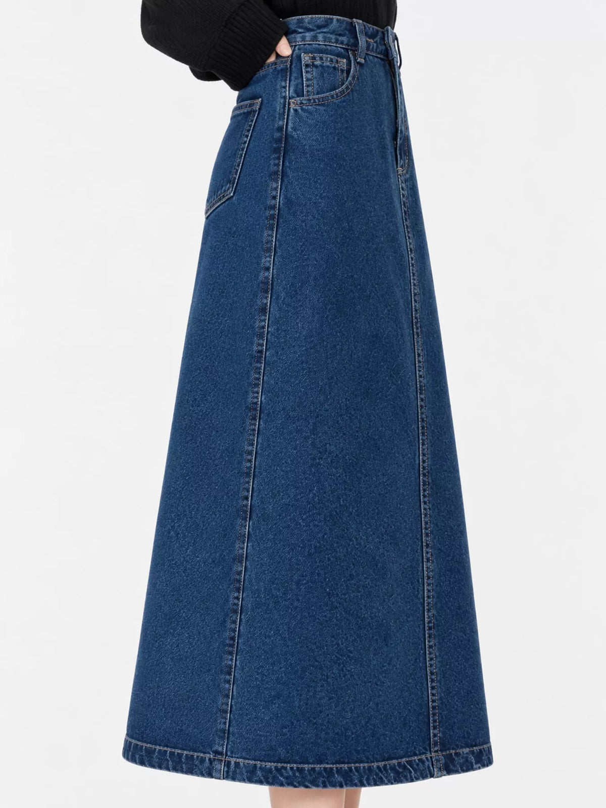 High-waisted denim midi skirt — blue side