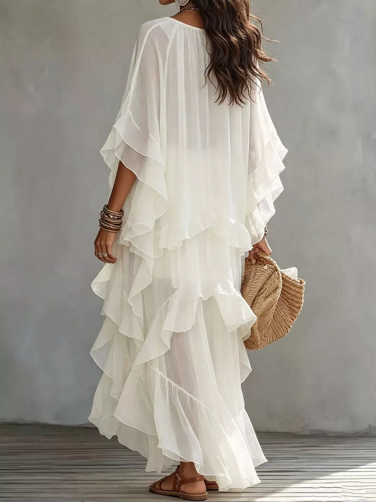 White ruffled layered bohemian maxi dress, back view