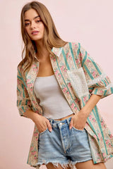 Trendsi BiBi Eyelet Lace And Floral Mix And Match Shirt Top - Shirts