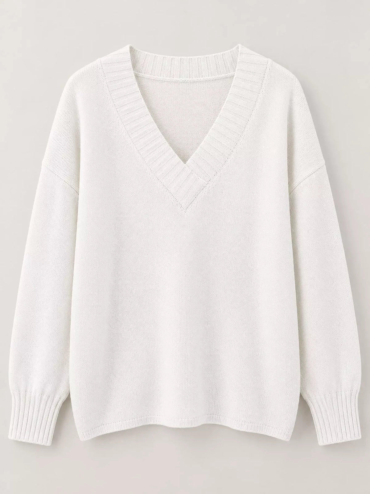 V-neck sweater, white flat lay