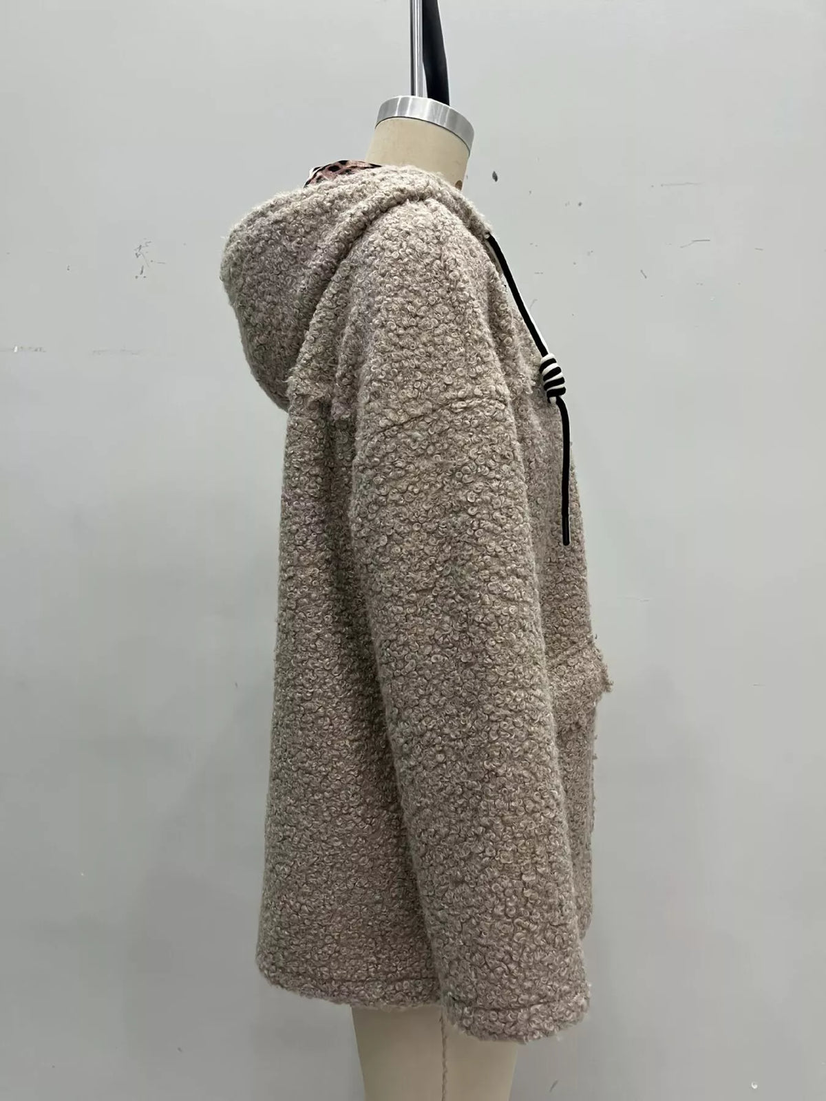 Khaki Fleece Zip-Up Hooded Jacket with Pockets side view on mannequin