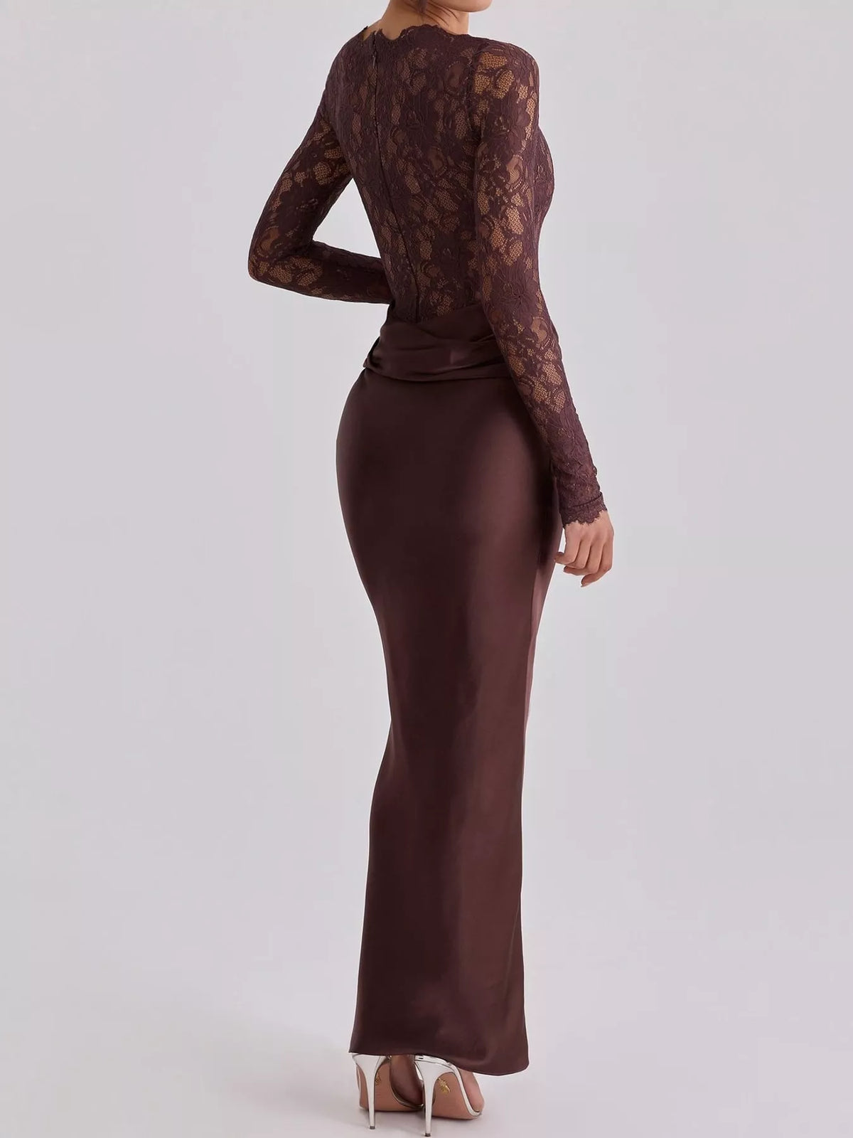 Brown lace and satin maxi dress, back view