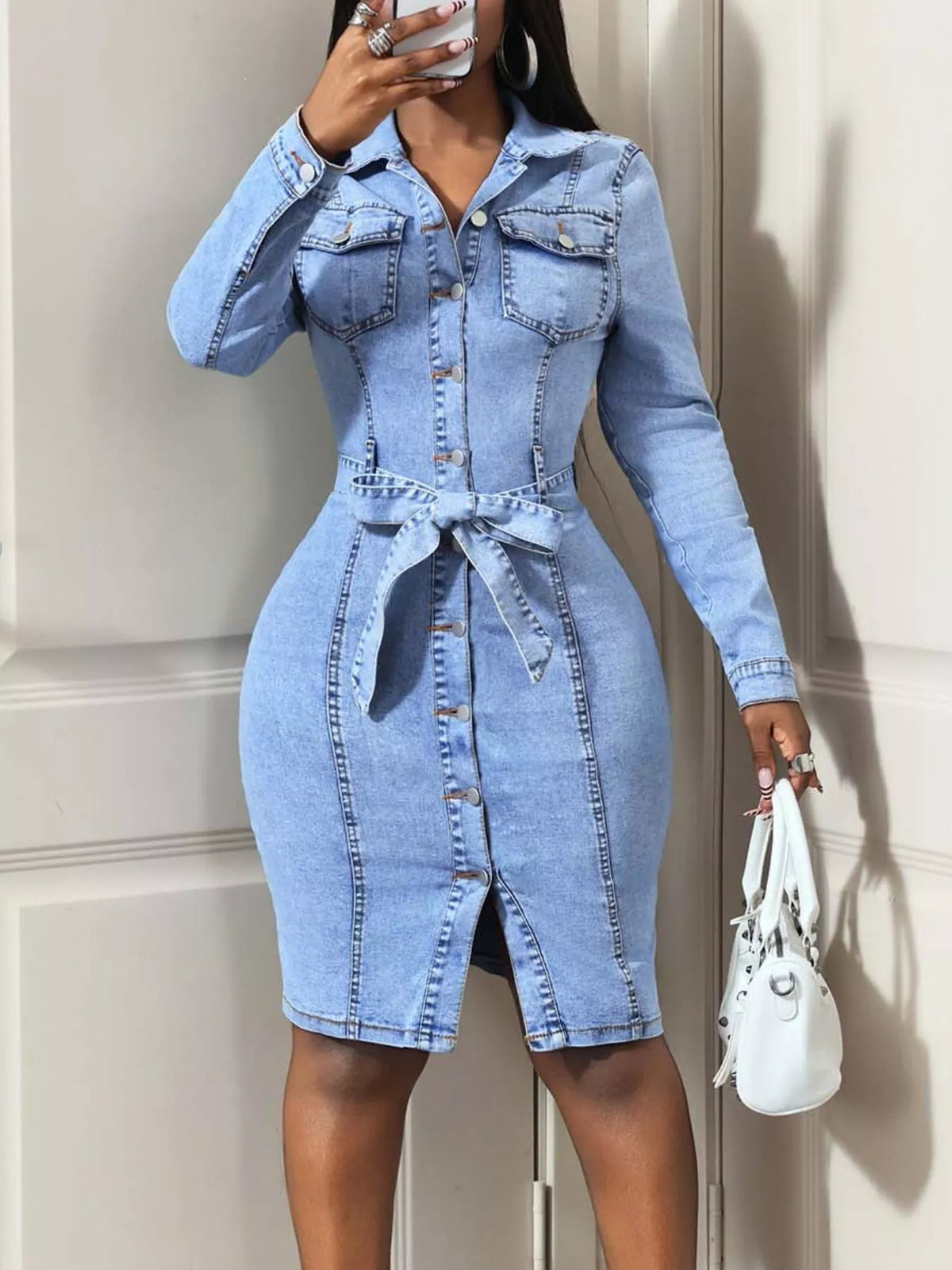 Women's Button-Down Tie Waist Denim Dress in Blue, detail view