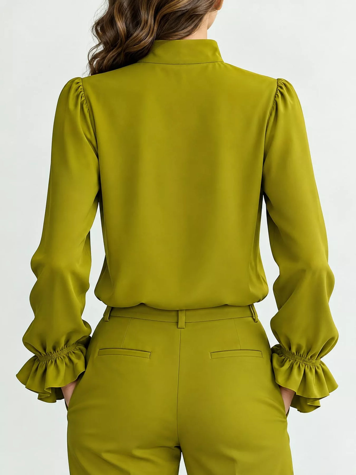 Ruffled Stand-Collar Blouse with Long Lantern Sleeves, back view