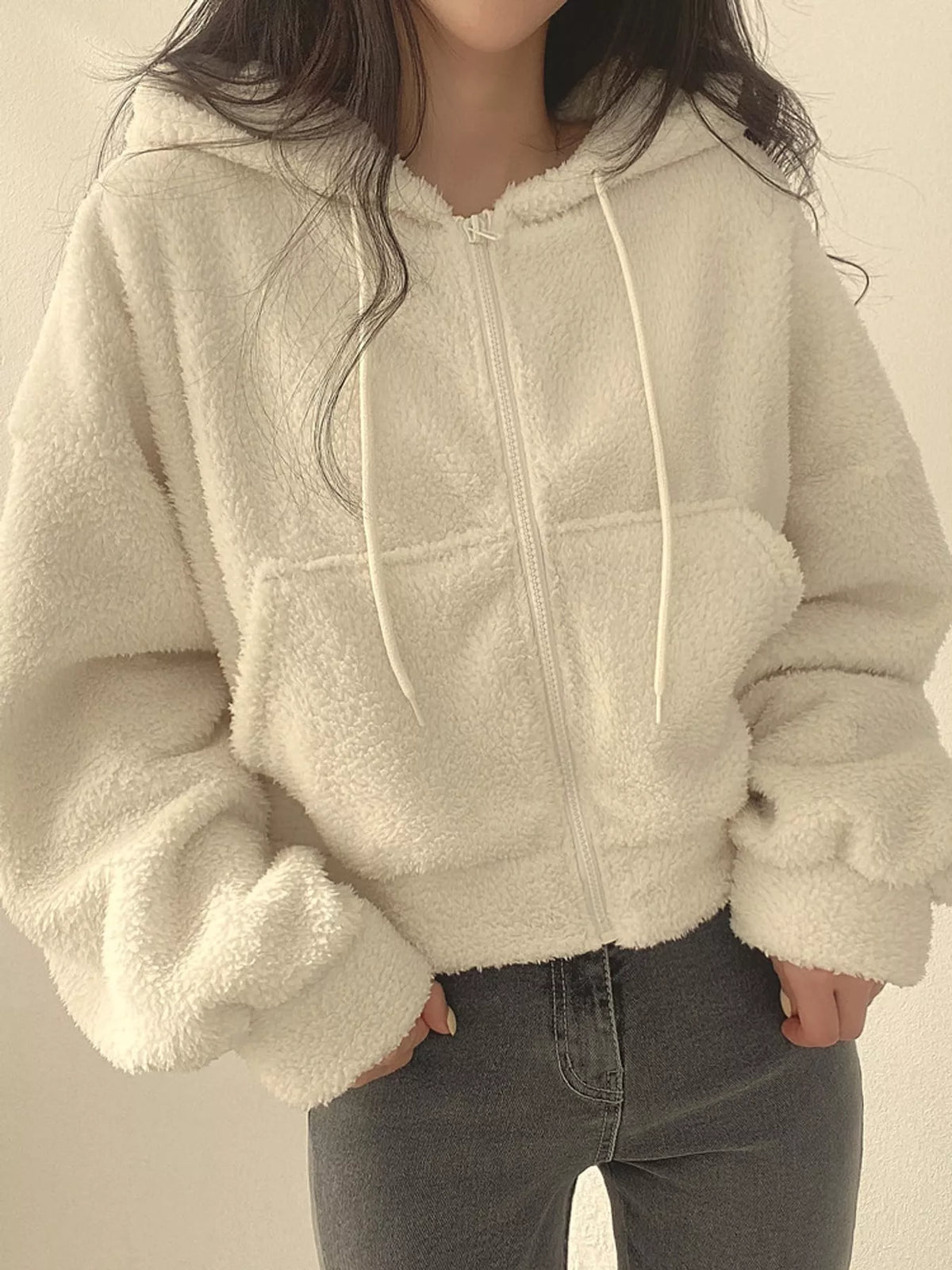 Cropped sherpa hoodie, cream front