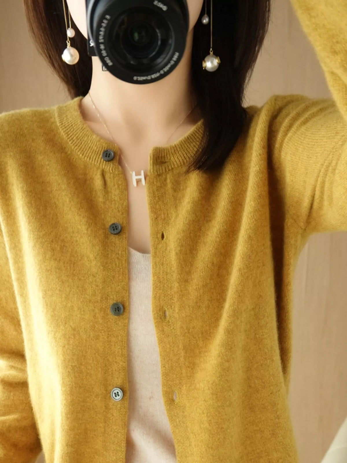 Mustard crew neck button-front cardigan