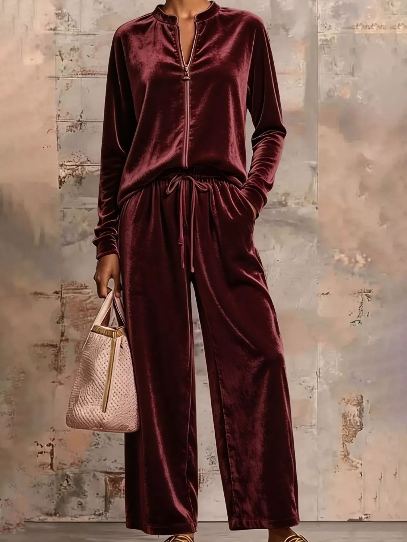 Trendsi Velvet Zip-Up Top and Pants Set -