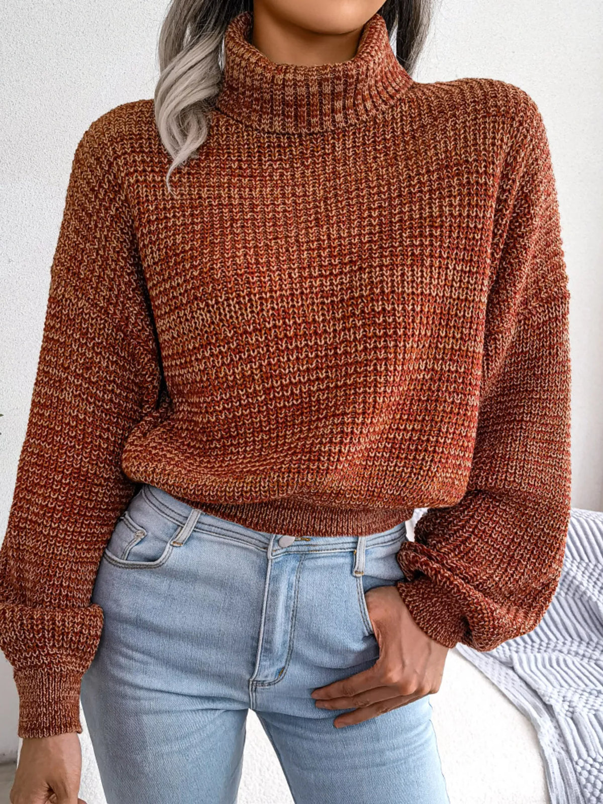 Turtleneck Dropped Shoulder Sweater in brown, front view