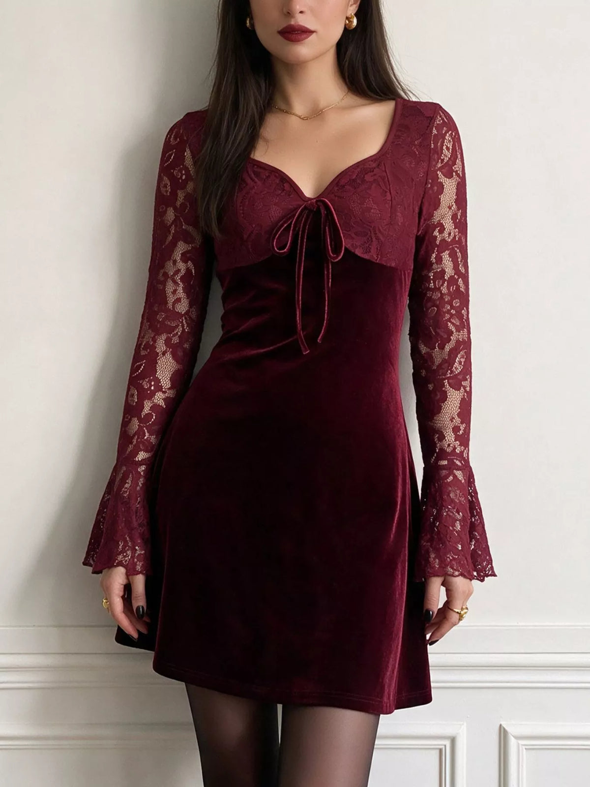 Trendsi Lace Flare Sleeve Mini Dress -