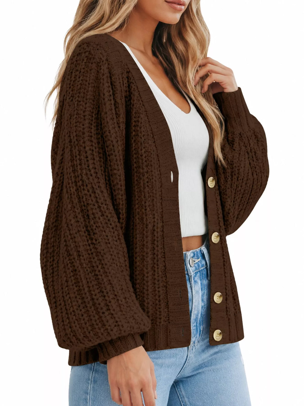 Button cardigan, brown side