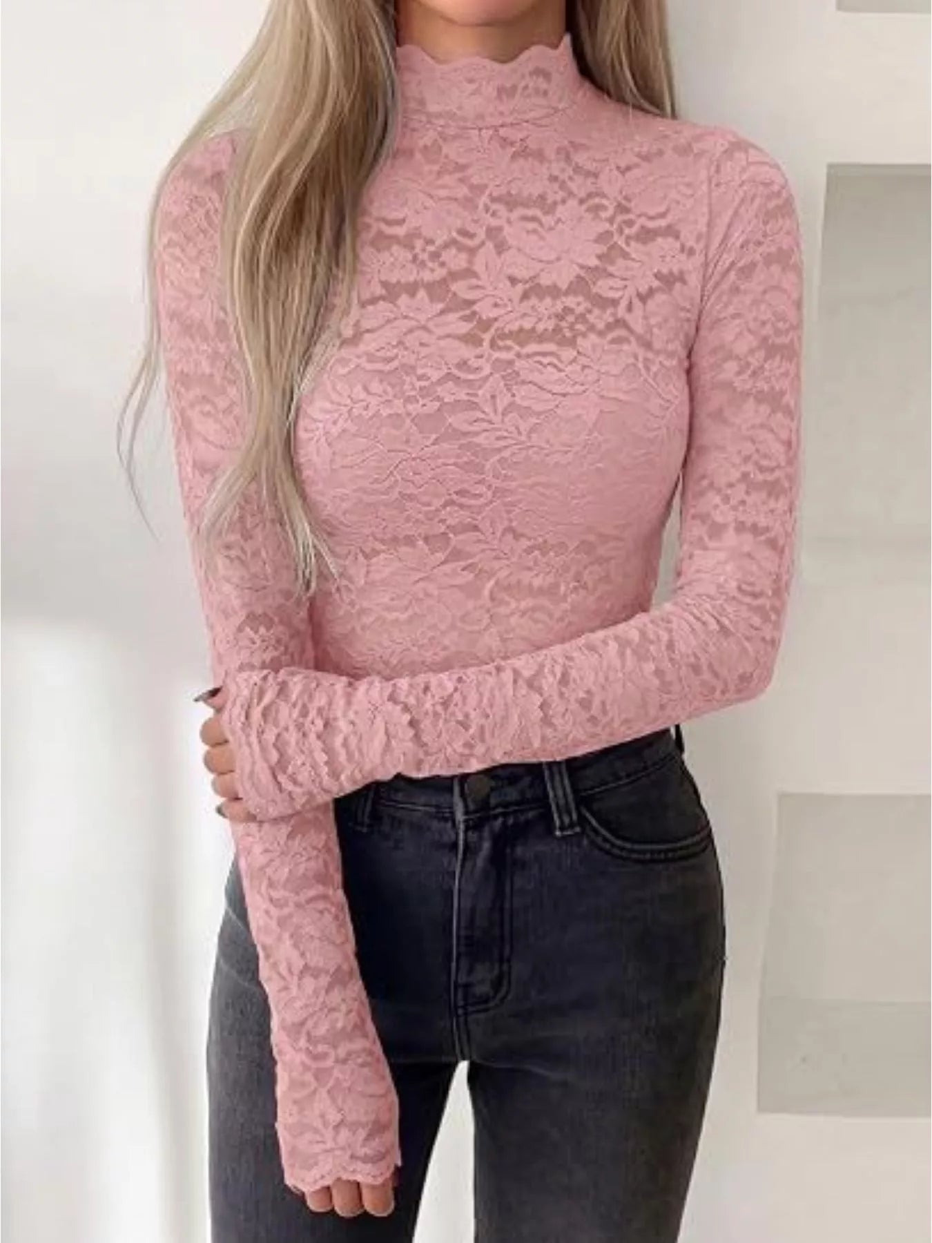 Trendsi Lace Mock Neck Long Sleeve Top -