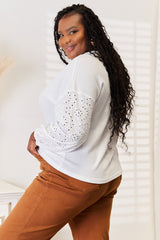 Trendsi Shiny Eyelet Dropped Shoulder Round Neck Blouse -