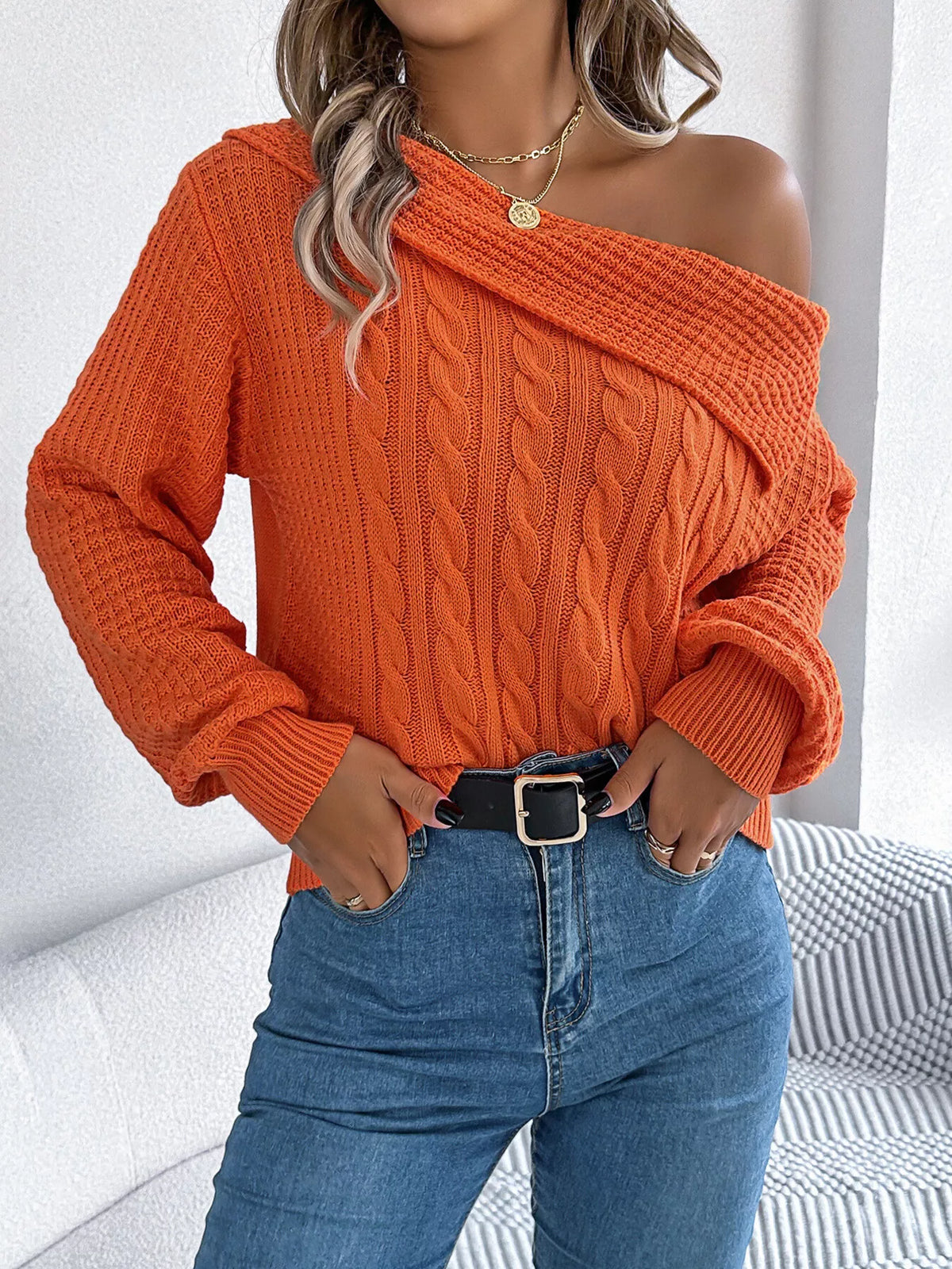 One Shoulder Cable Knit Sweater in orange, front view