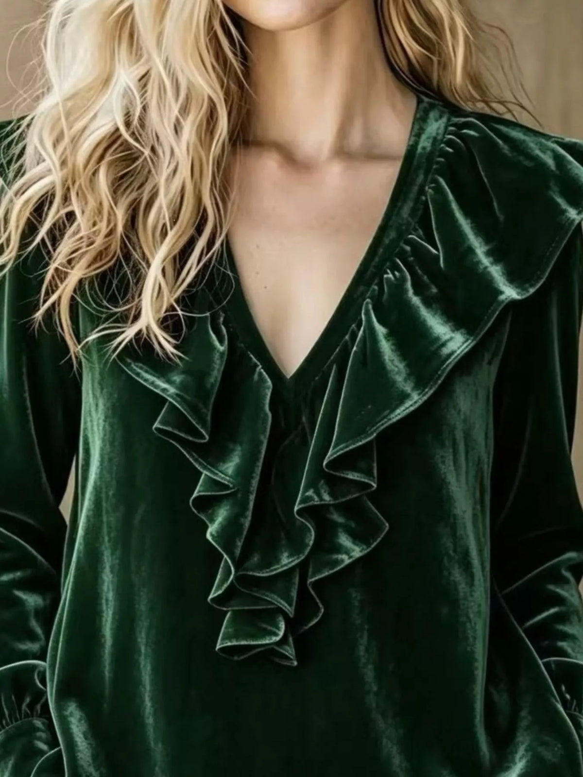 Black Forest Velvet Ruffled V-Neck Long Sleeve Blouse neckline detail