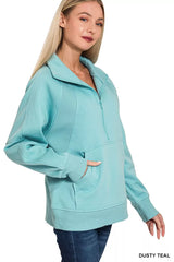 Trendsi Zenana Half Zip Fleece Sweatshirt with kangaroo Pocket -
