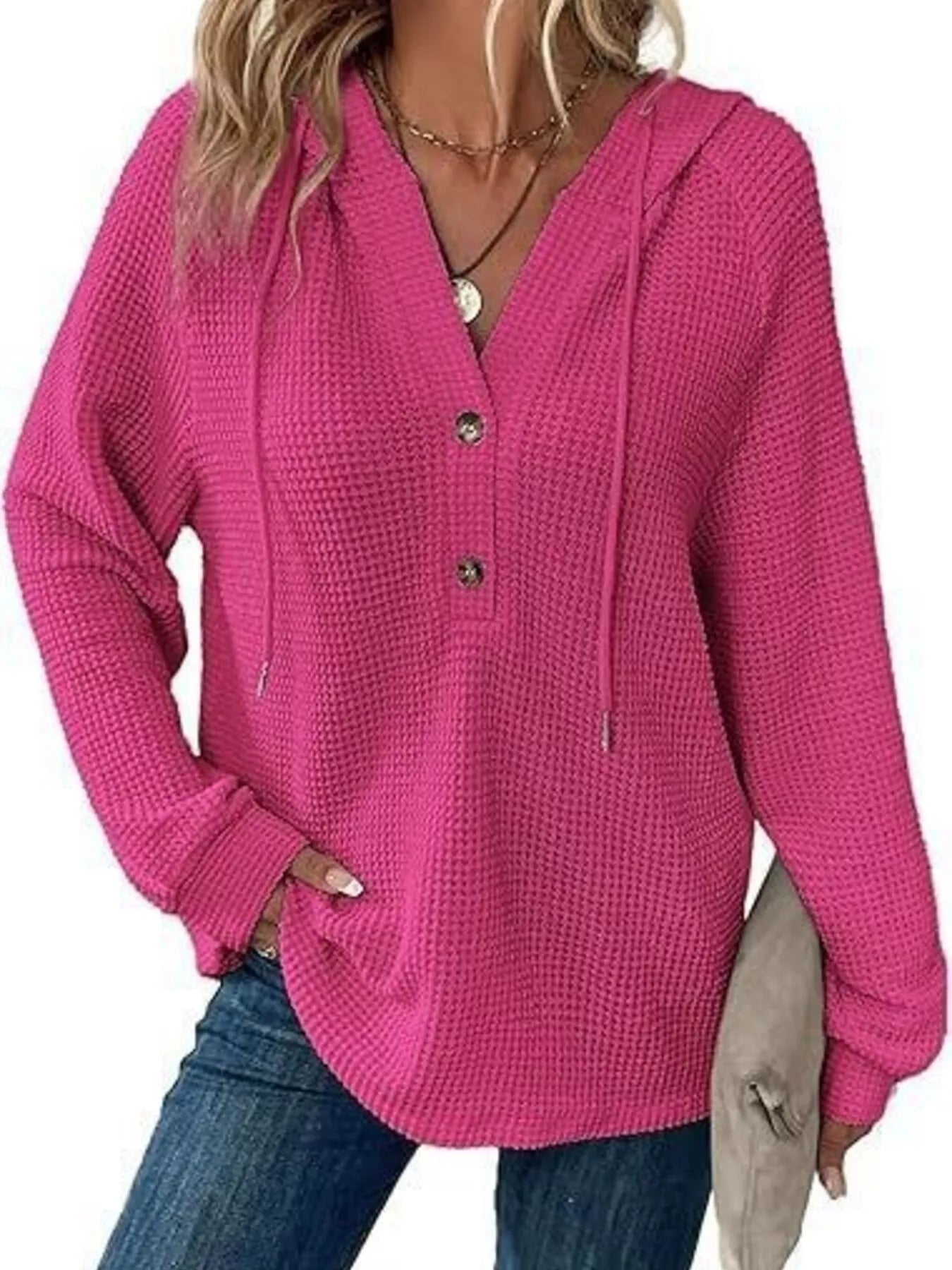 Trendsi Full Size Waffle Knit Half-Button Hoodie Plus Size -