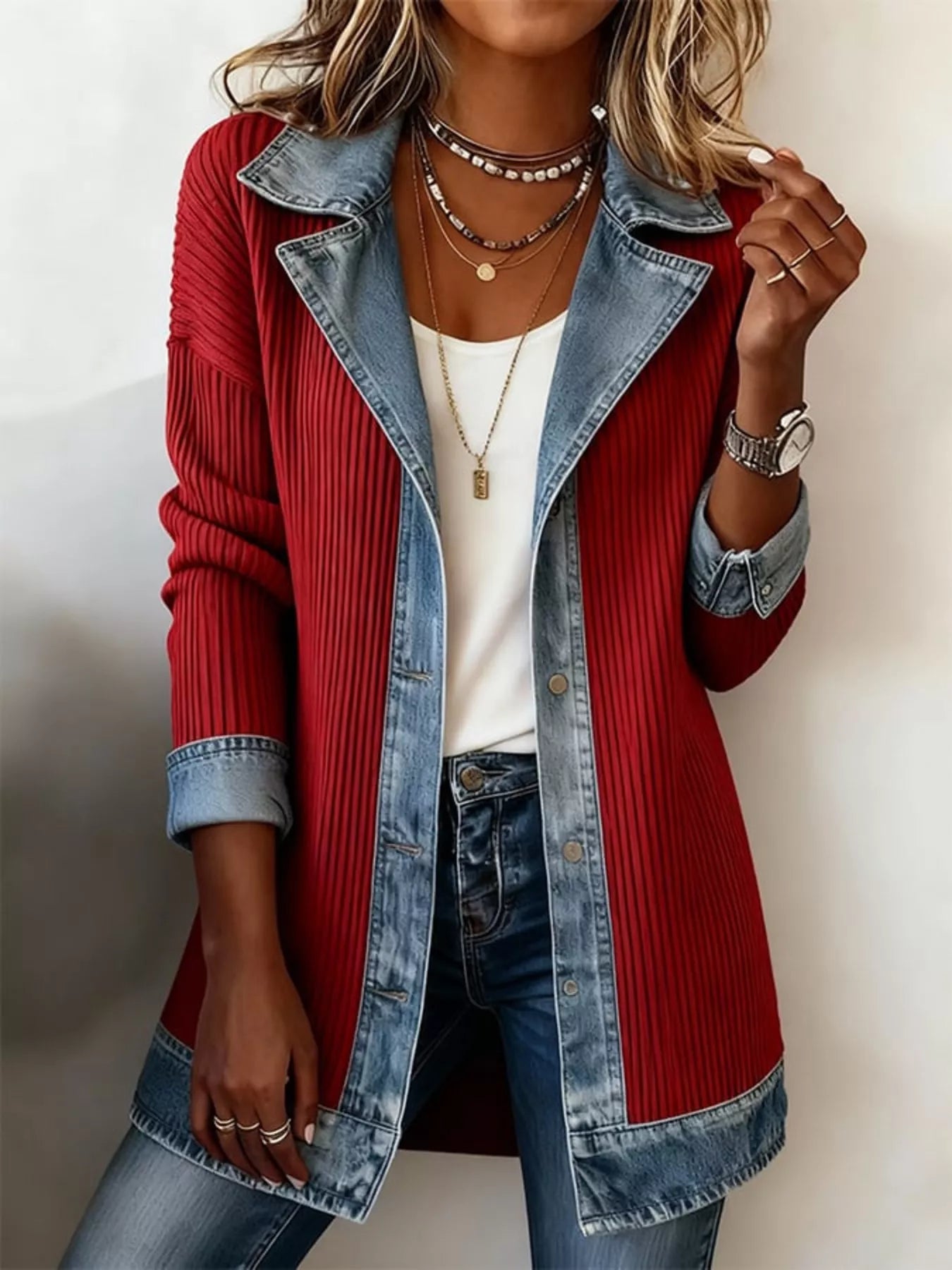 Trendsi Full Size Denim Trim Ribbed Knit Jacket Plus Size -