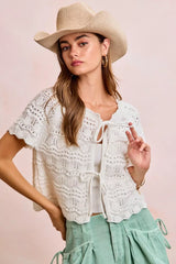 Trendsi BiBi Front Bow Tie Detail Pointelle Knit Top -