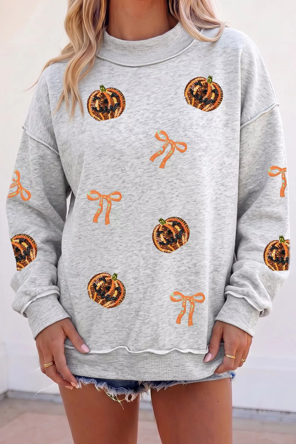 Women's light gray sequin pumpkin bow Halloween sweatshirt