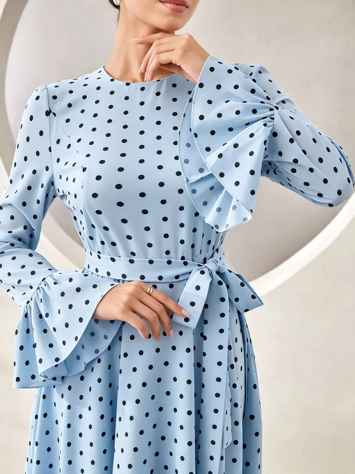 Polka Dot Long Sleeve Maxi Dress with Waist Tie, detail view in light blue and black