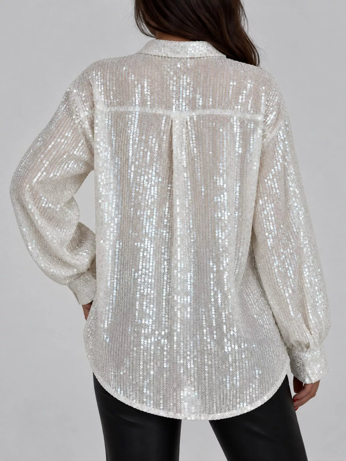 Apricot Gold sequin button up long sleeve shirt, back view