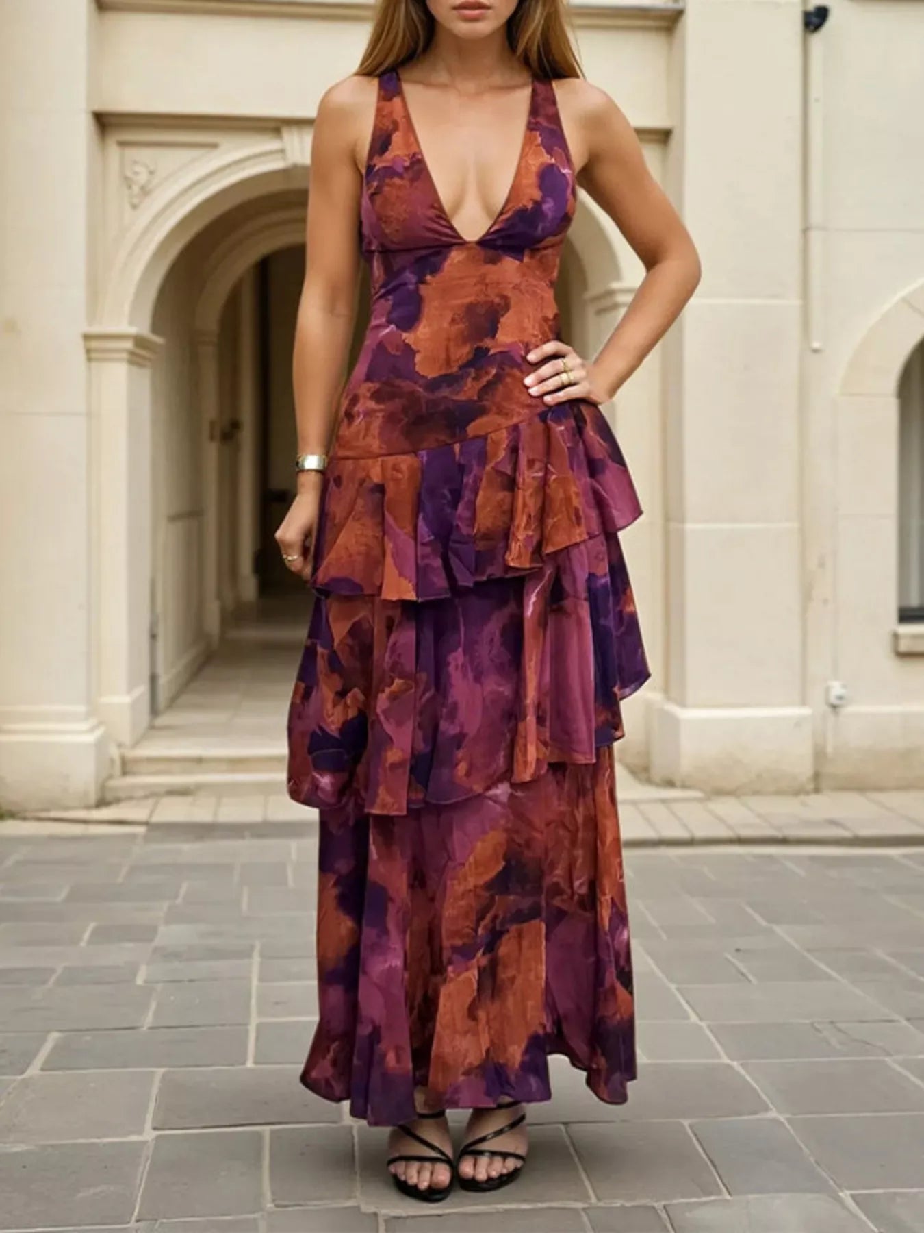 Trendsi Floral V-Neck Ruffle Layered Maxi Dress -