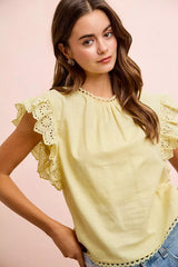 Trendsi BiBi Cotton Solid Ruffle Sleeve Lace Detail Blouse Top -
