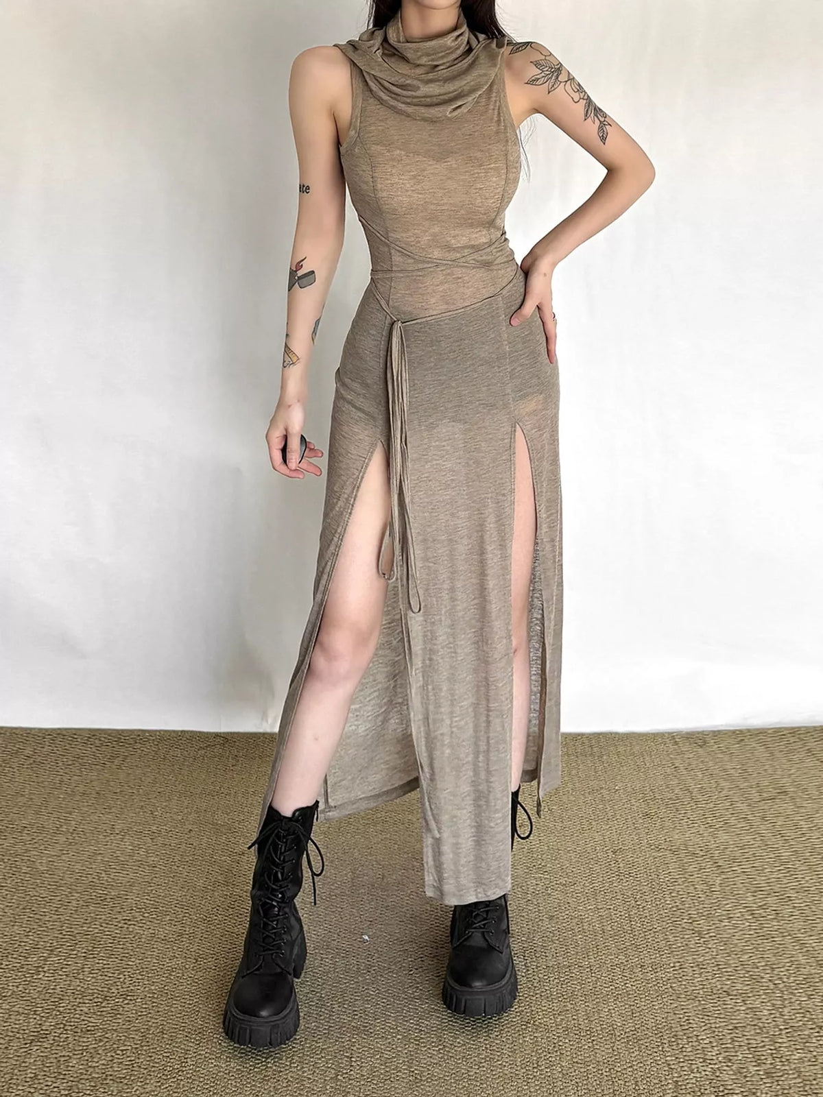 Taupe sleeveless high slit hooded maxi dress, front view