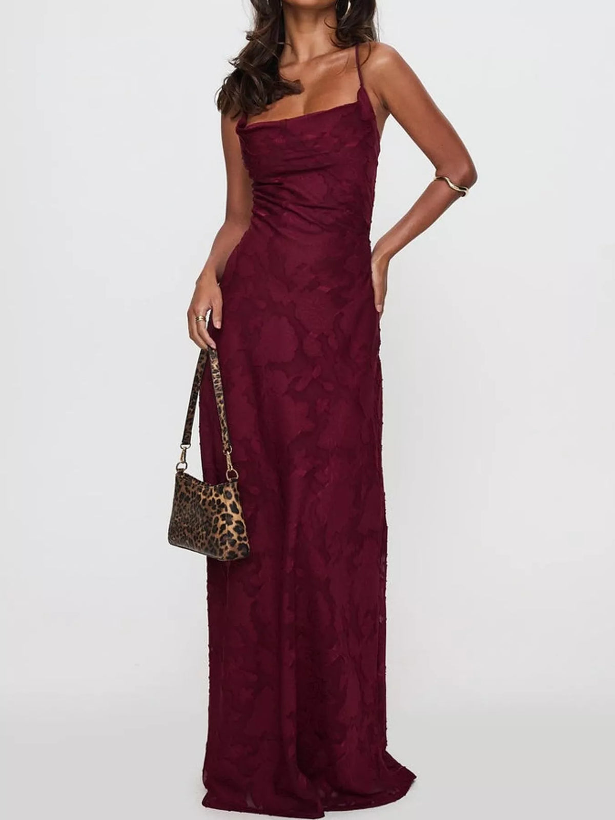 Cowl neck spaghetti-strap maxi dress, front view on model
