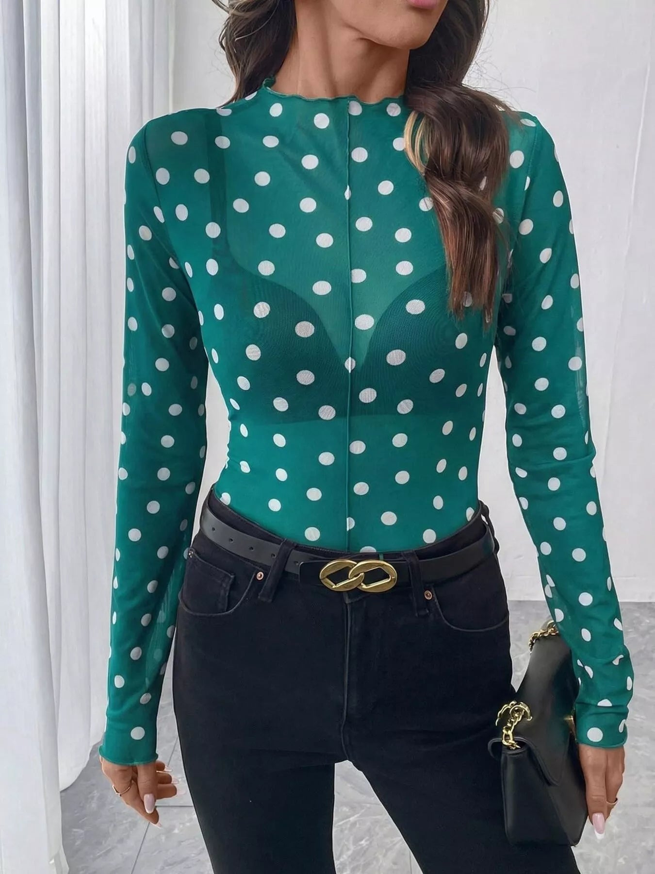 Trendsi Sheer Polka Dot Long Sleeve Mock Neck Top -