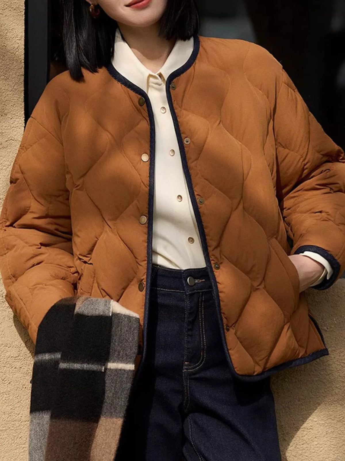Reversible Diamond-Quilted Cropped Down Jacket, front view