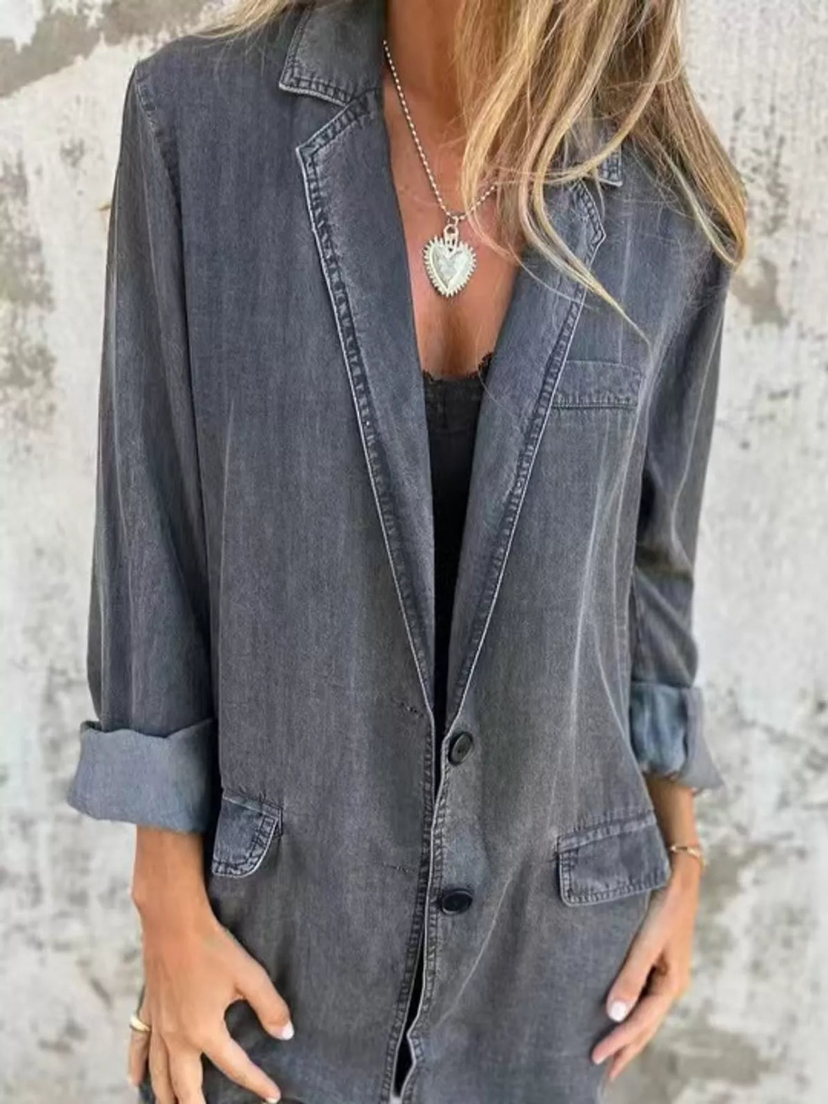 Lapel Collar Long Sleeve Denim Blazer in gray