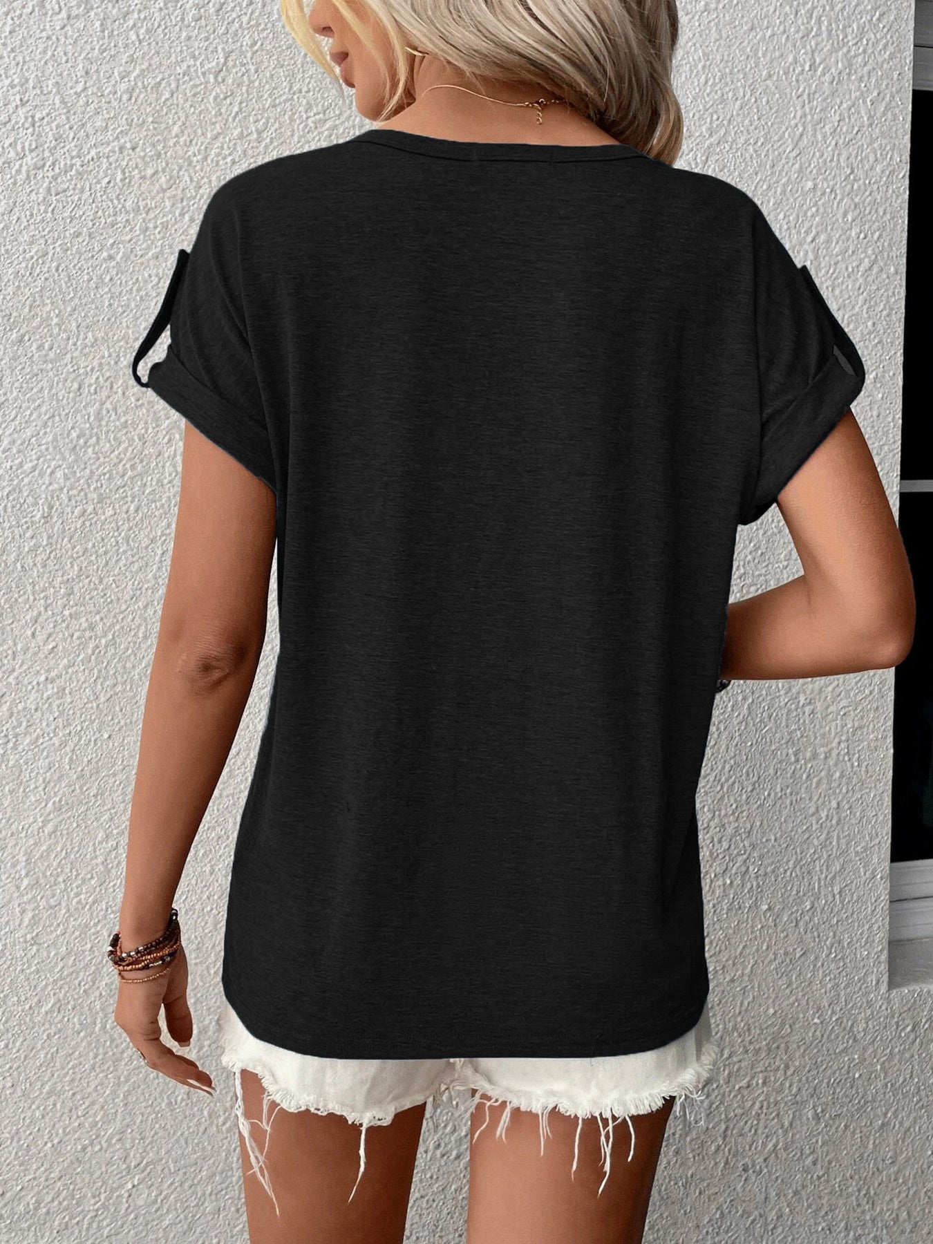 Trendsi Full Size Casual V-Neck Henley Top with Rolled Sleeves Plus Size - Shirts