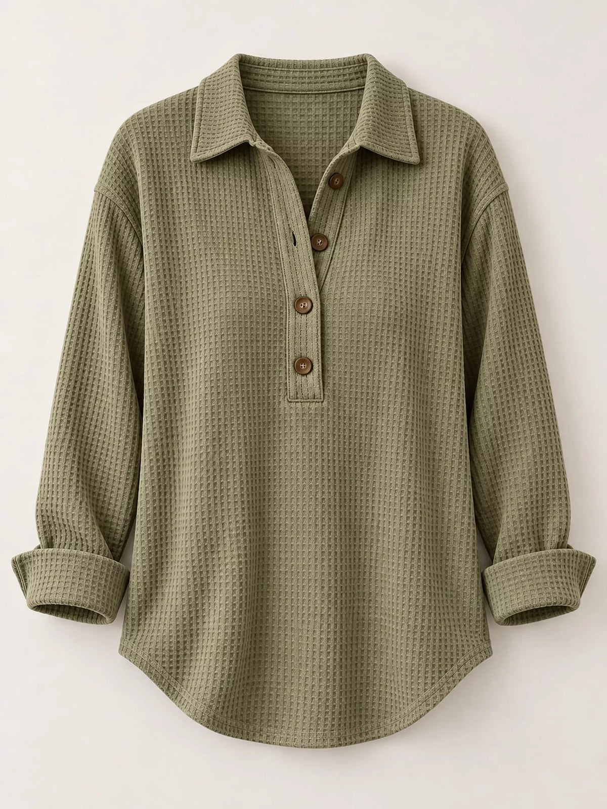 Olive waffle knit long sleeve polo top, front view