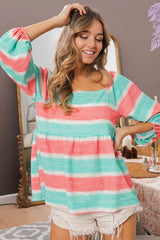 Trendsi BiBi Stripe Printed Bubble Woven Balloon Sleeves Top -