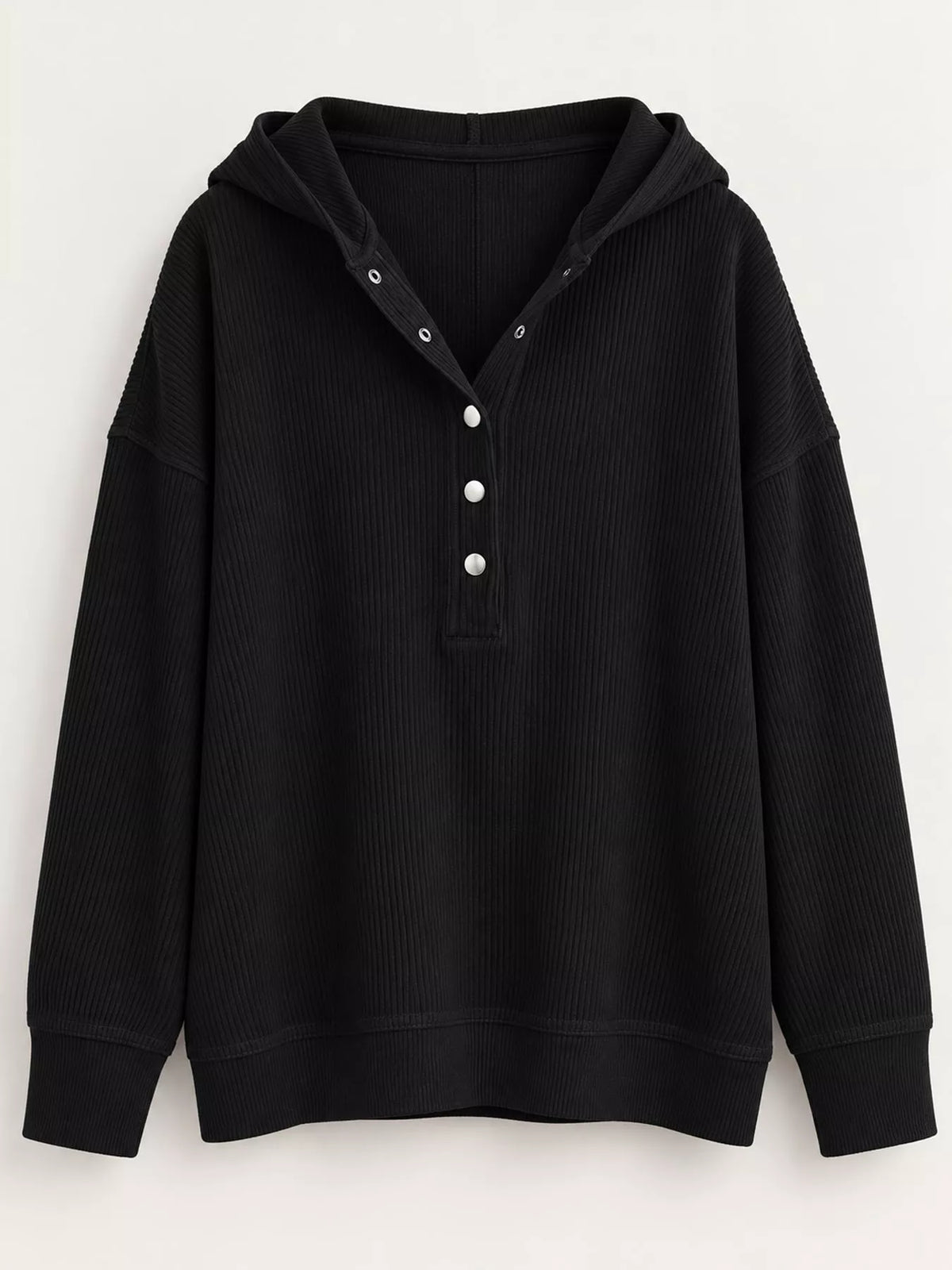 Women's Snap Button Placket Dropped Shoulder Hoodie in black — flat lay view