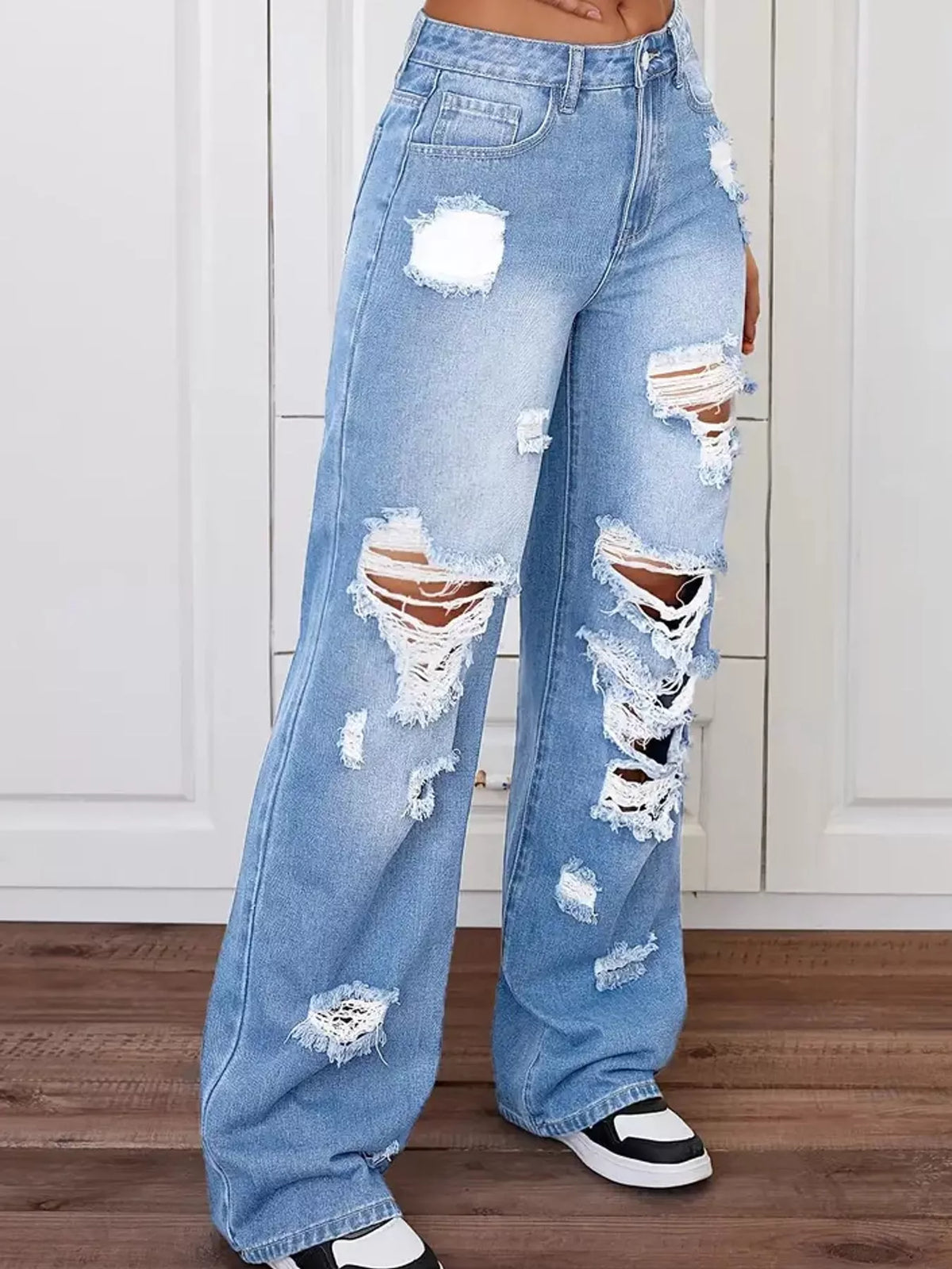 Distressed Wide-Leg Jeans in blue, front view