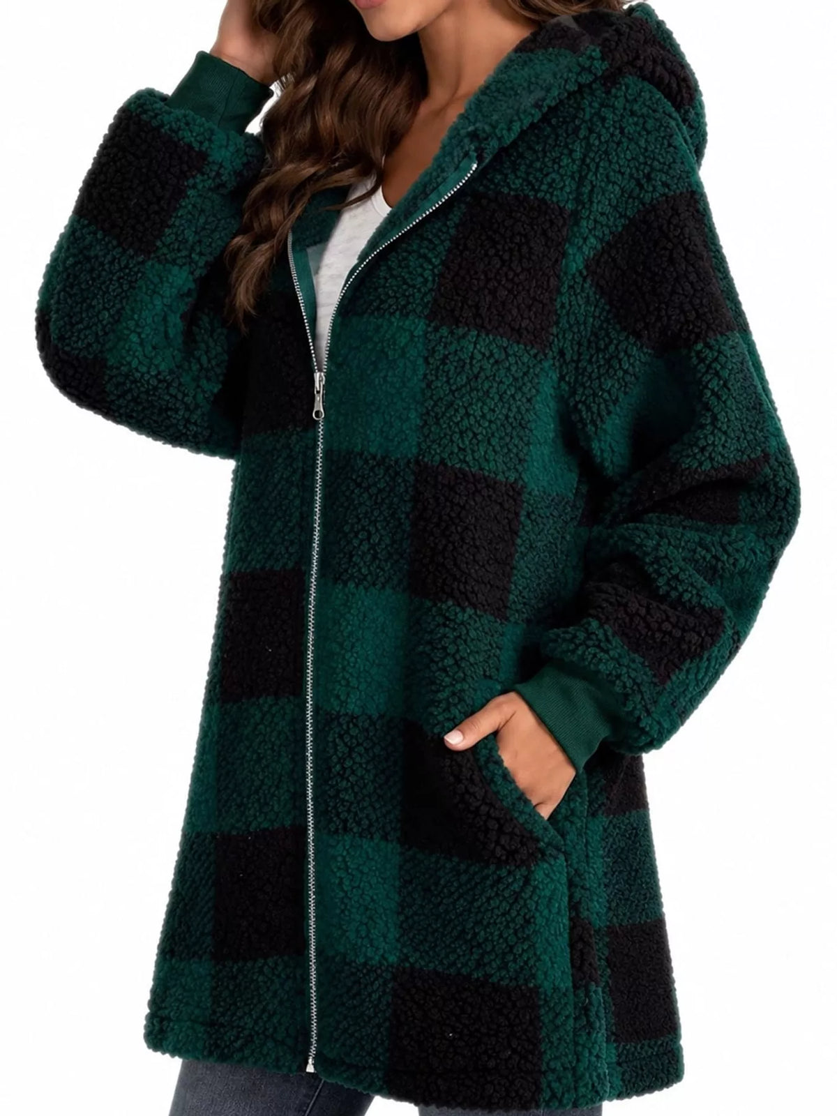 Green and black plaid sherpa hooded zip up jacket, side view