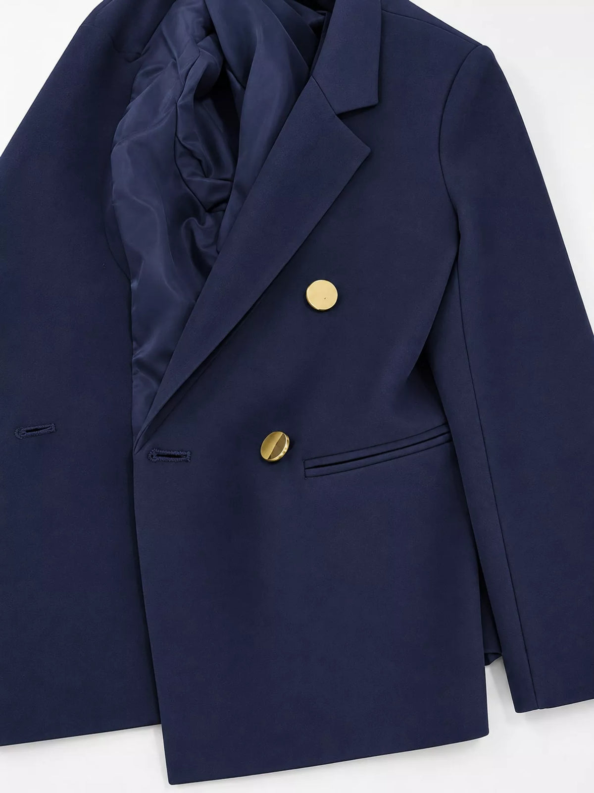 Navy double-breasted lapel collar blazer, lapels, gold-tone buttons, welt pocket, and lining