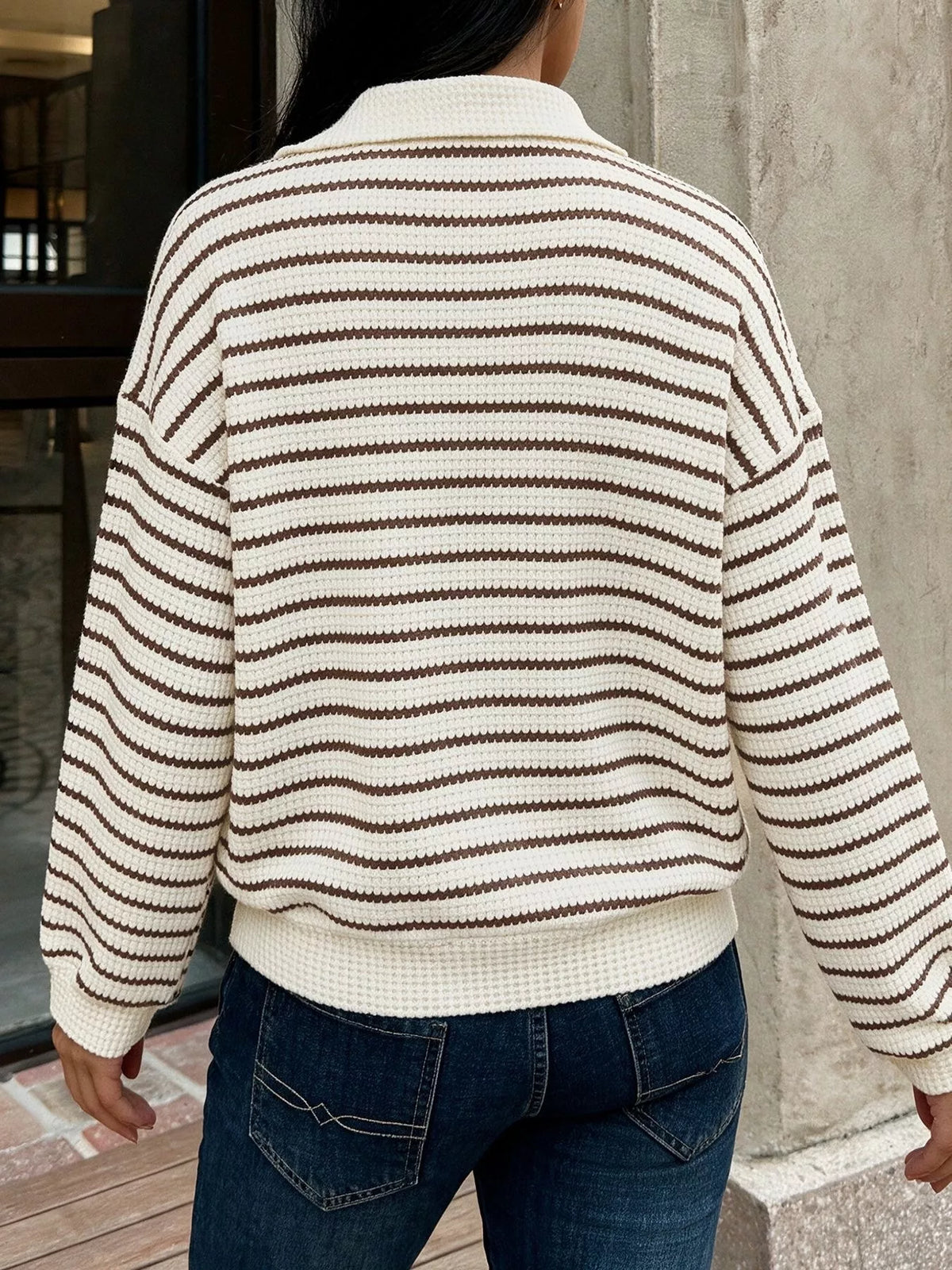 Trendsi Striped Polo Collar Knit Sweatshirt -