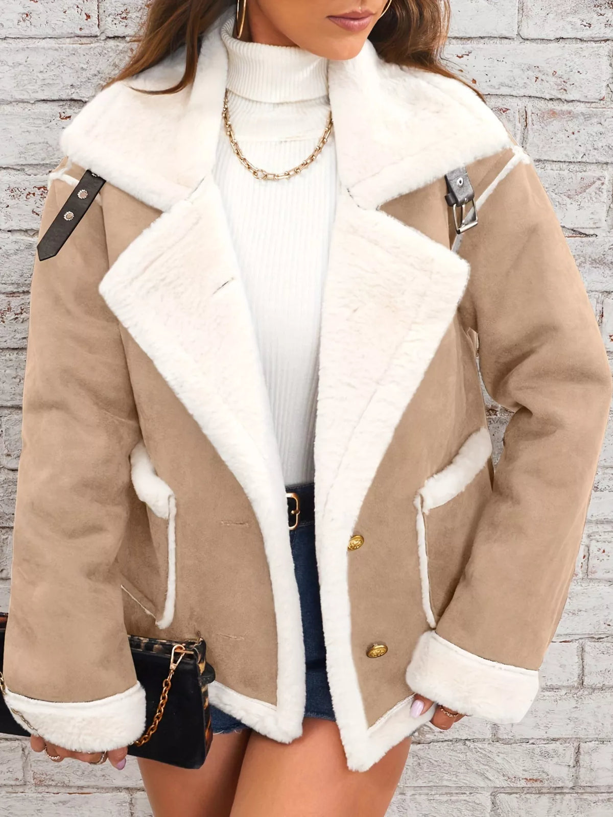 Tan plush-lined button-front jacket — front view