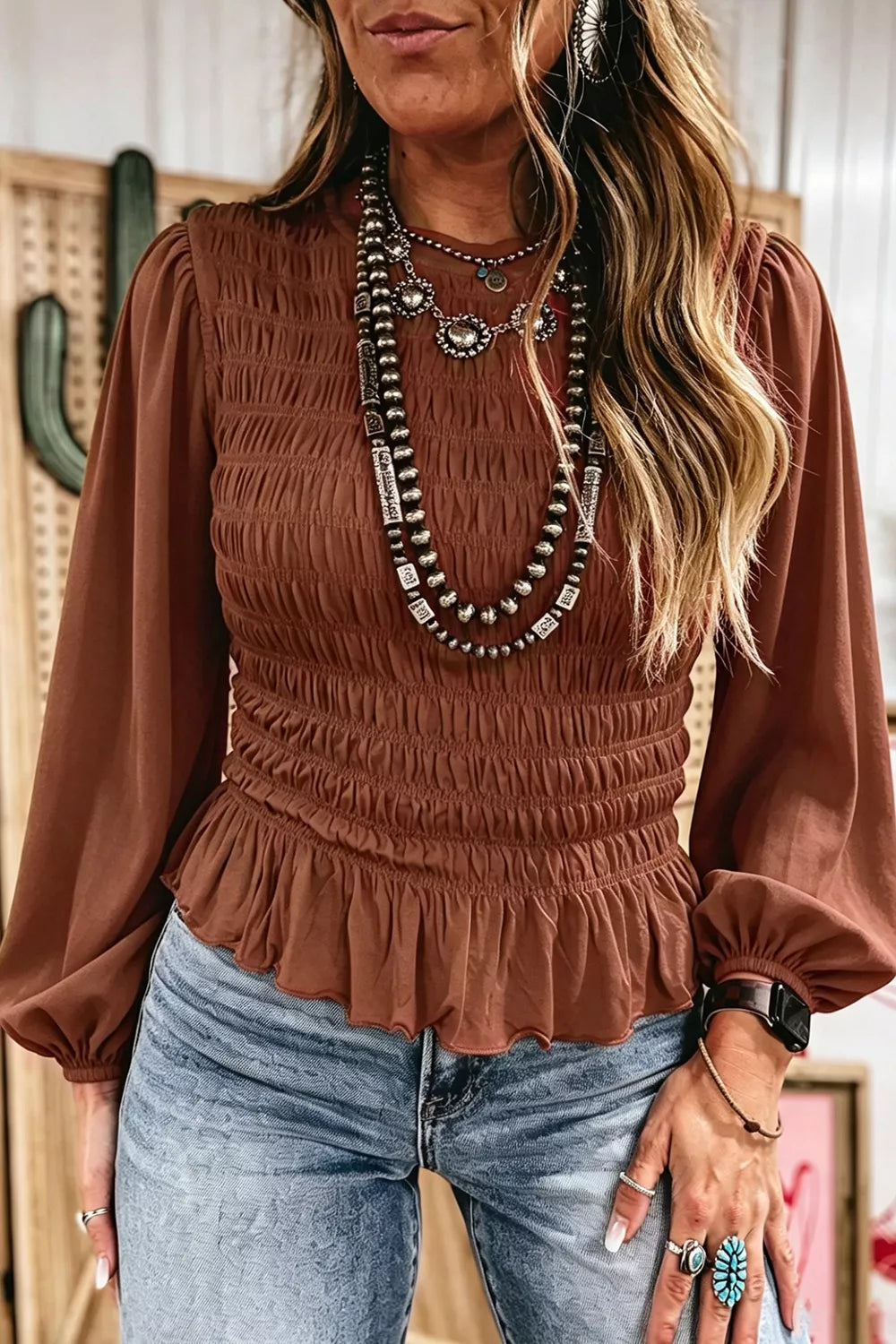 Trendsi Smocked Balloon Sleeve Peplum Blouse -