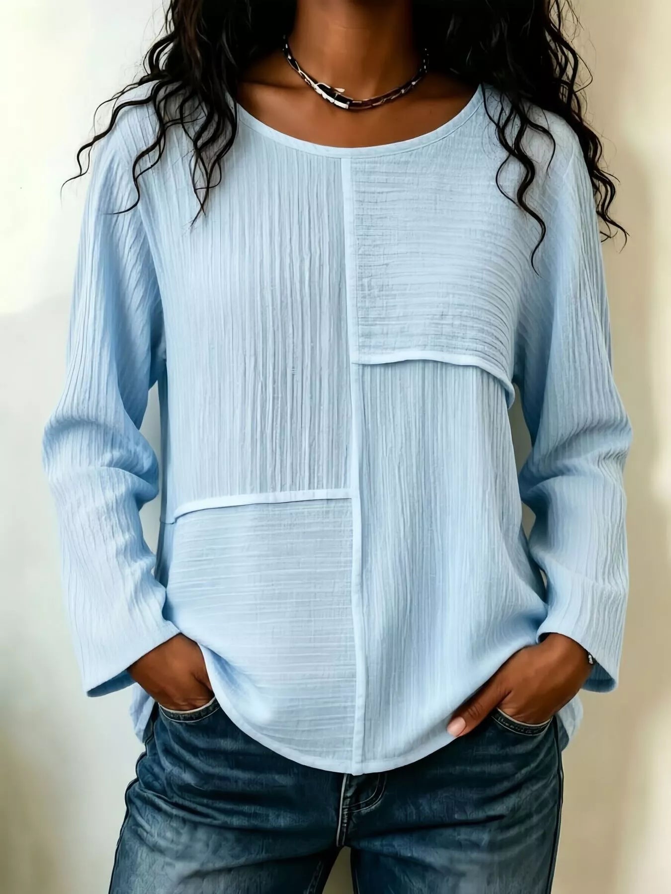 Trendsi Textured Patchwork Long Sleeve Casual T-Shirt -